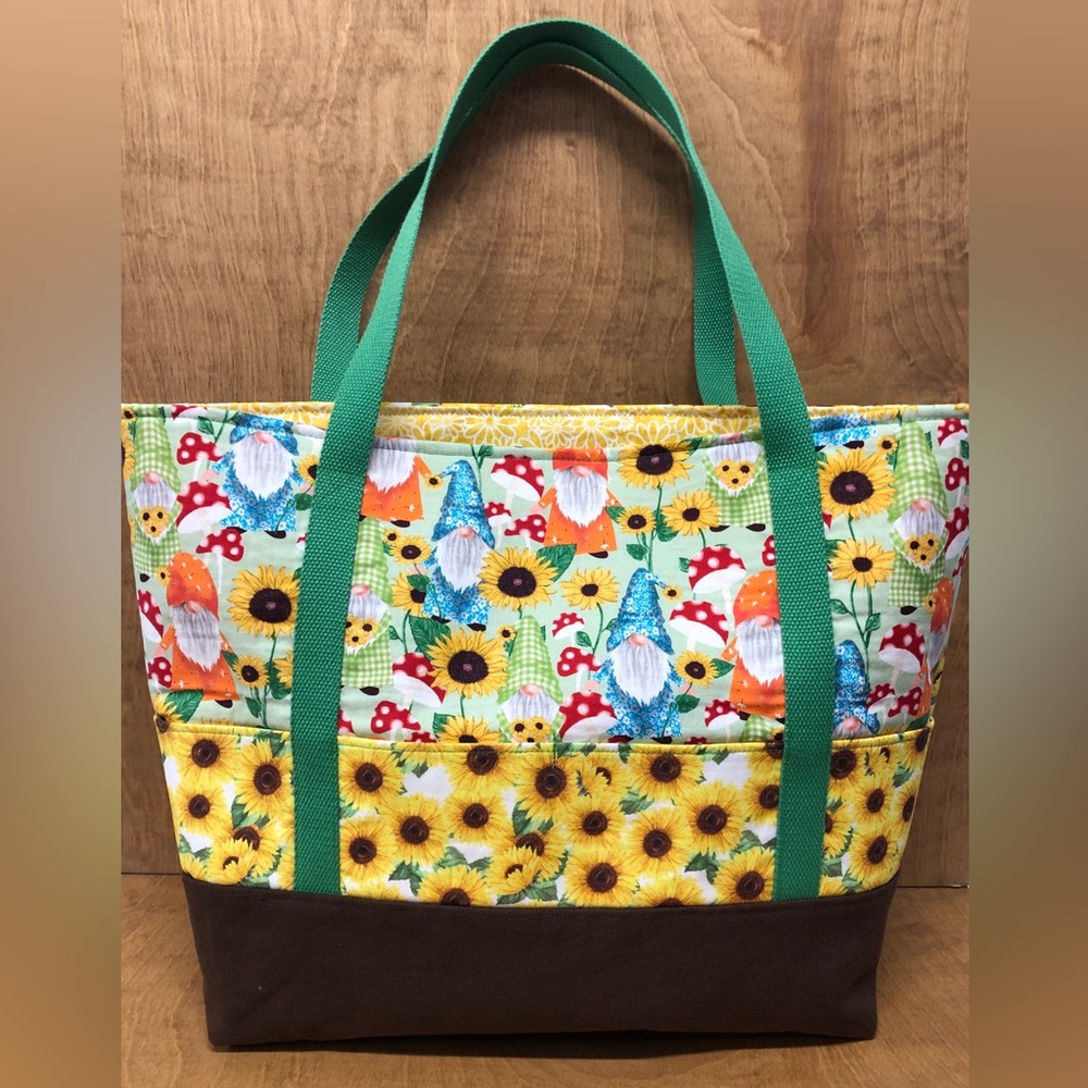 LG GardenGnome Tote Bag Pockets Handmade Cotton Canvas Reusable Sunflower Gift